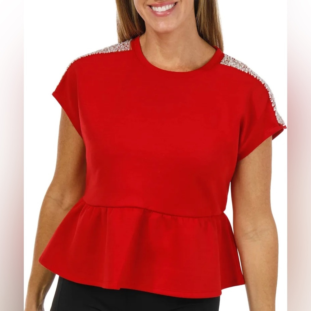 Cupio Red Peplum Top with Silver Accents